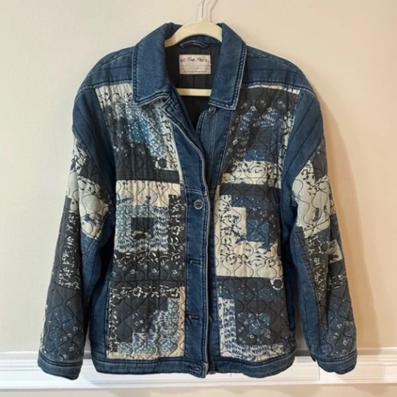 FREE PEOPLE WE THE FREE WOMENS PIECED TOGETHER DENIM JEAN PATCHWORK JACKET SMALL - Picture 5 of 5